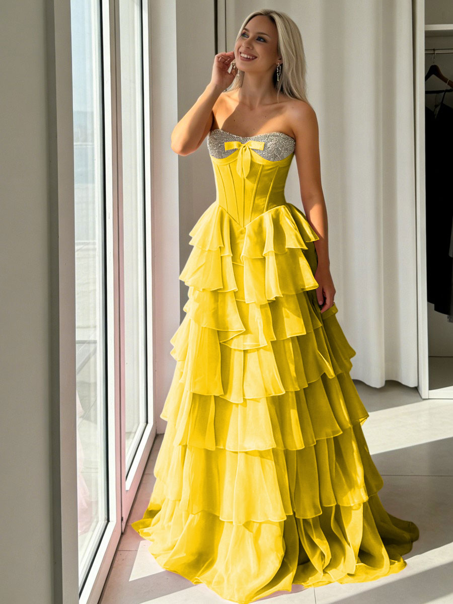 A-Line Sweetheart Corset Empire Waist Tiered Ruffle Long Prom Dresses with Bow