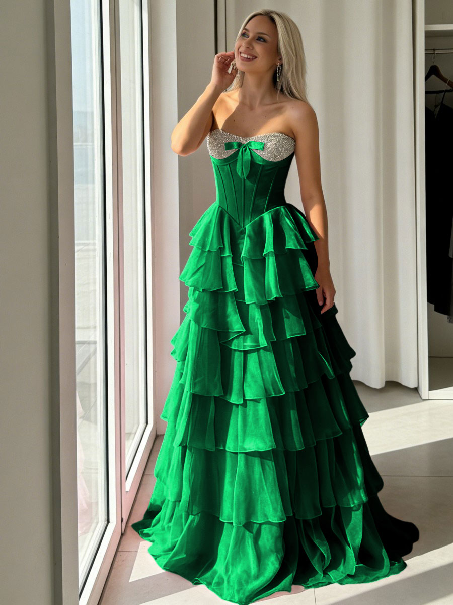 A-Line Sweetheart Corset Empire Waist Tiered Ruffle Long Prom Dresses with Bow
