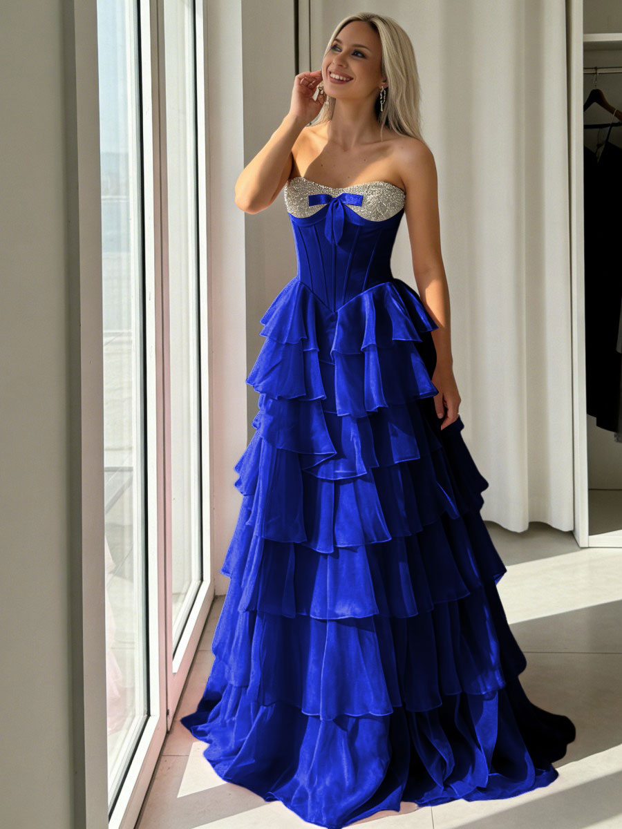 A-Line Sweetheart Corset Empire Waist Tiered Ruffle Long Prom Dresses with Bow