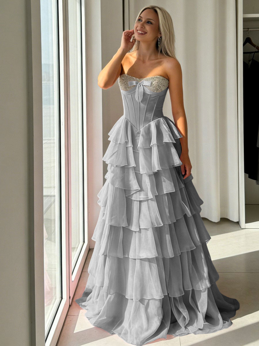 A-Line Sweetheart Corset Empire Waist Tiered Ruffle Long Prom Dresses with Bow