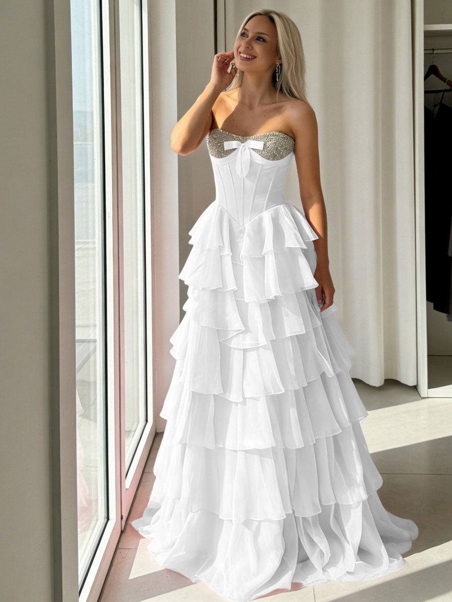 A-Line Sweetheart Corset Empire Waist Tiered Ruffle Long Prom Dresses with Bow