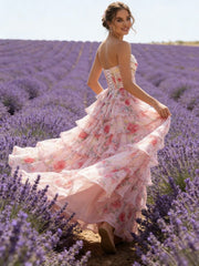 A-Line Cowl Neck Corset Tiered Ruffle Long Prom Dresses with Floral Chiffon