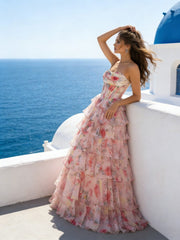 A-Line Cowl Neck Corset Tiered Ruffle Long Prom Dresses with Floral Chiffon