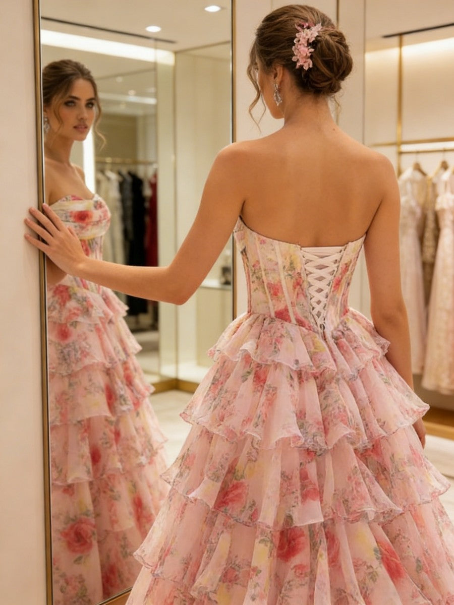 A-Line Cowl Neck Corset Tiered Ruffle Long Prom Dresses with Floral Chiffon