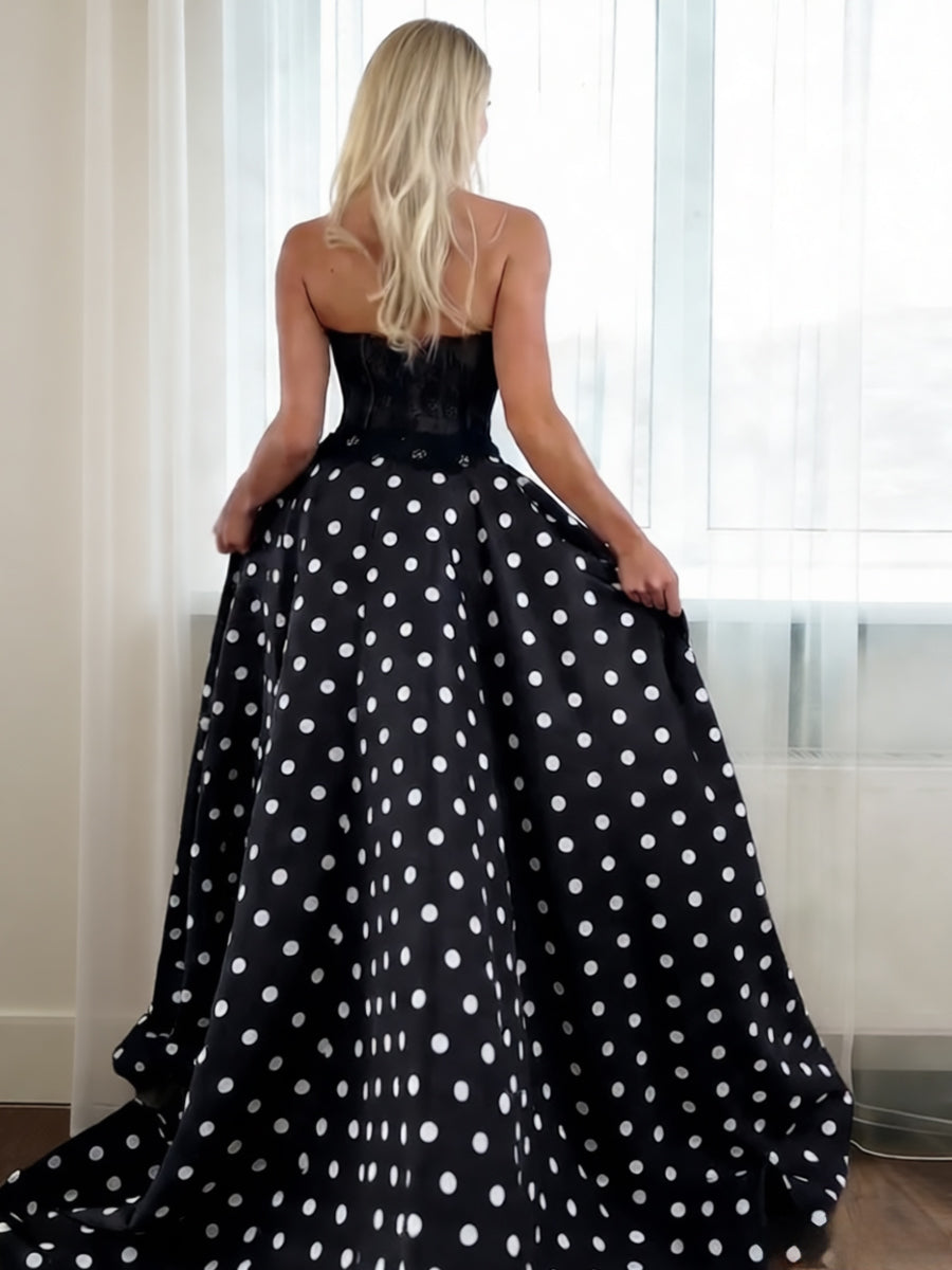 A-Line Strapless Polka Dot Long Evening Dresses with Illusion Lace