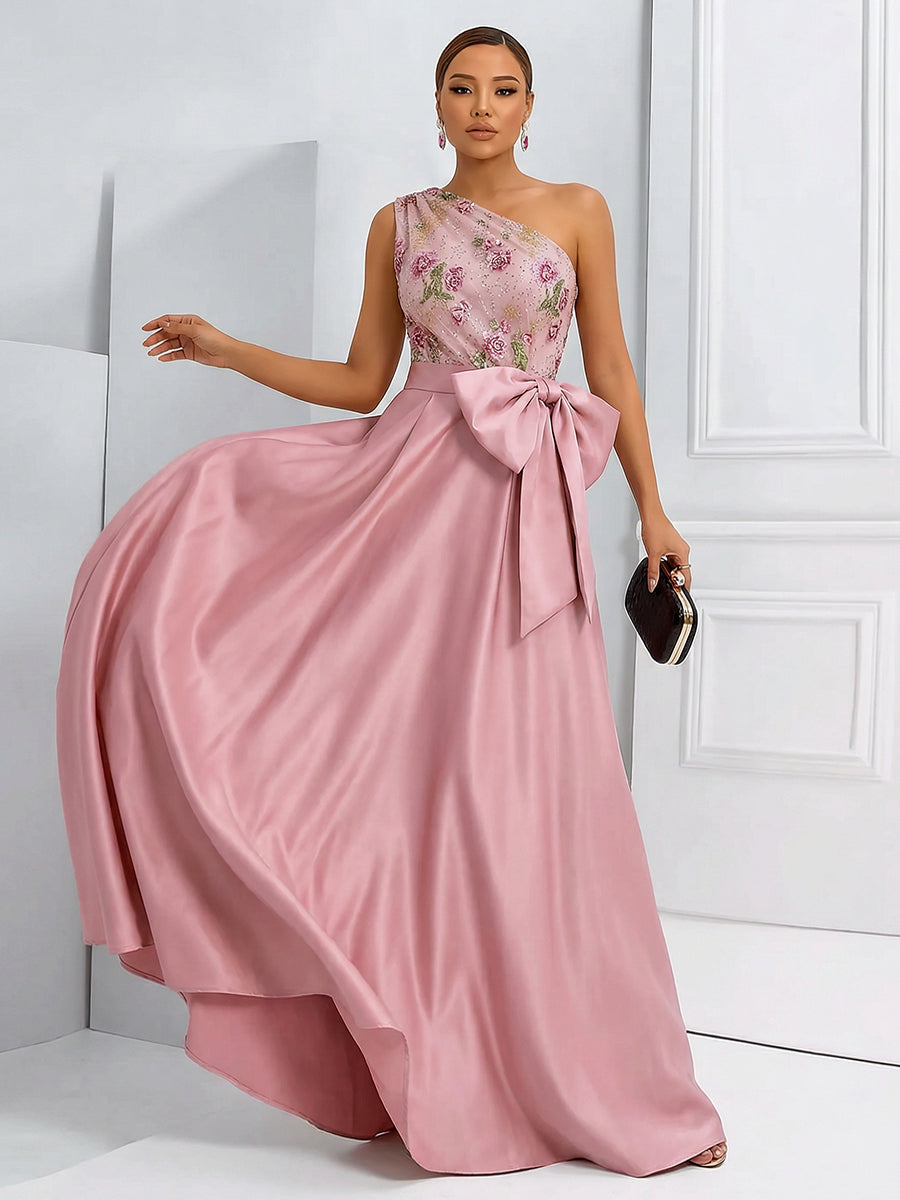 A-Line One Shoulder Floral Long Evening Dress Ball Gowns with Bow