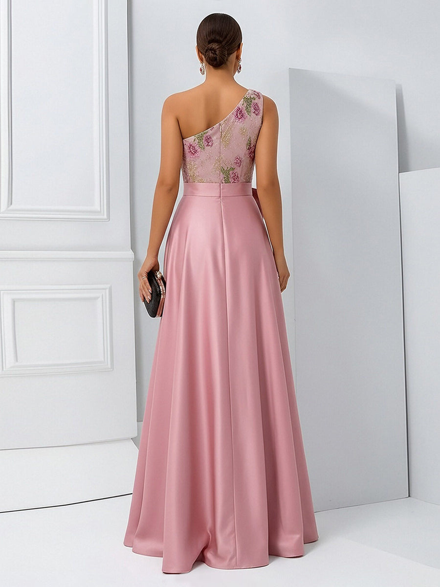 A-Line One Shoulder Floral Long Evening Dress Ball Gowns with Bow