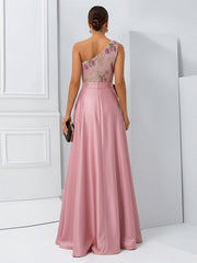 A-Line One Shoulder Floral Long Evening Dress Ball Gowns with Bow