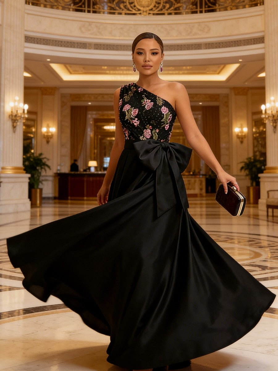 A-Line One Shoulder Floral Long Evening Dress Ball Gowns with Bow