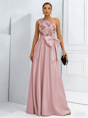 A-Line One Shoulder Floral Long Evening Dress Ball Gowns with Bow