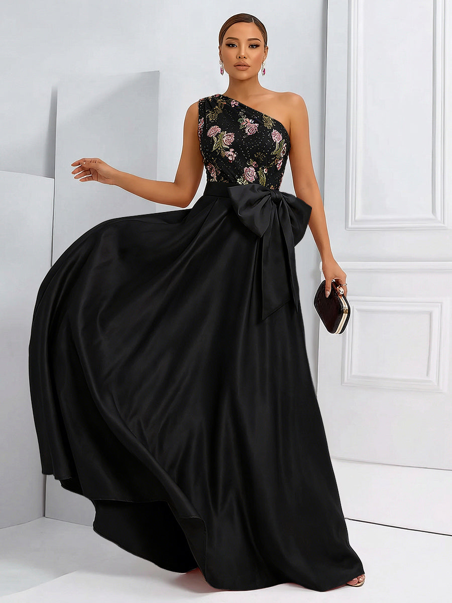 A-Line One Shoulder Floral Long Evening Dress Ball Gowns with Bow