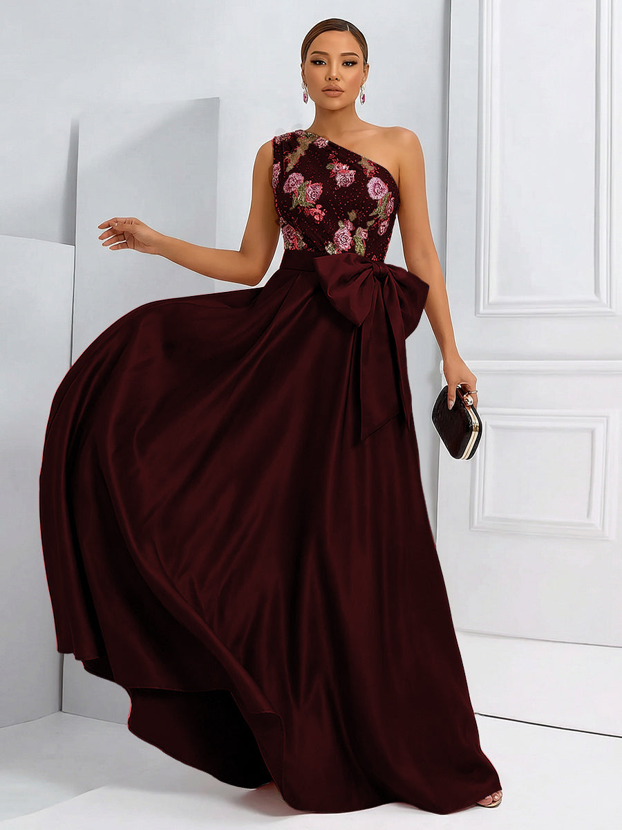 A-Line One Shoulder Floral Long Evening Dress Ball Gowns with Bow