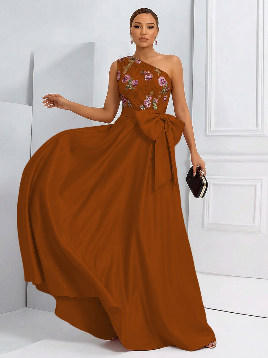 A-Line One Shoulder Floral Long Evening Dress Ball Gowns with Bow