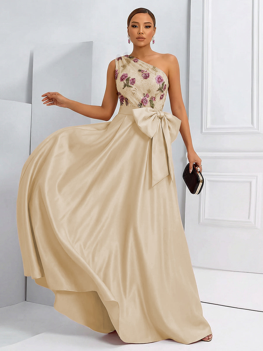 A-Line One Shoulder Floral Long Evening Dress Ball Gowns with Bow
