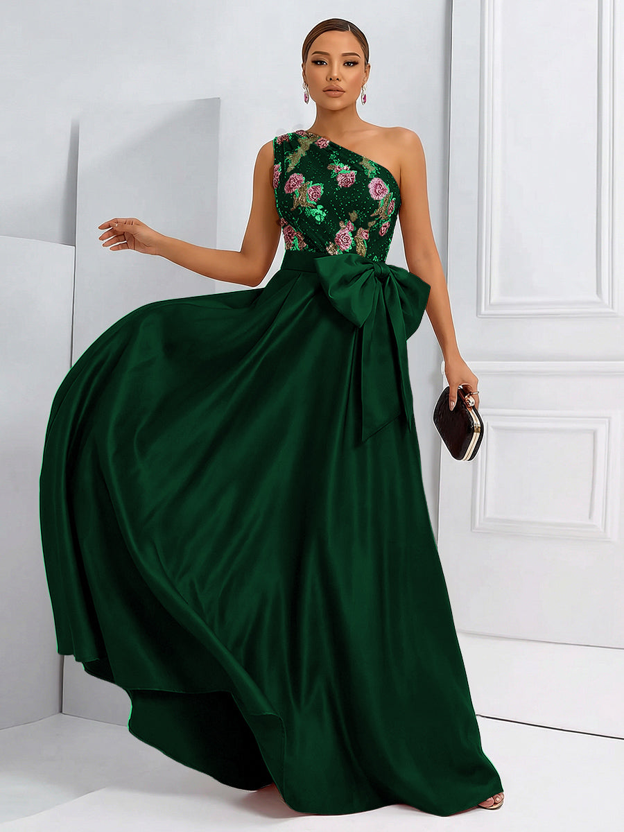 A-Line One Shoulder Floral Long Evening Dress Ball Gowns with Bow