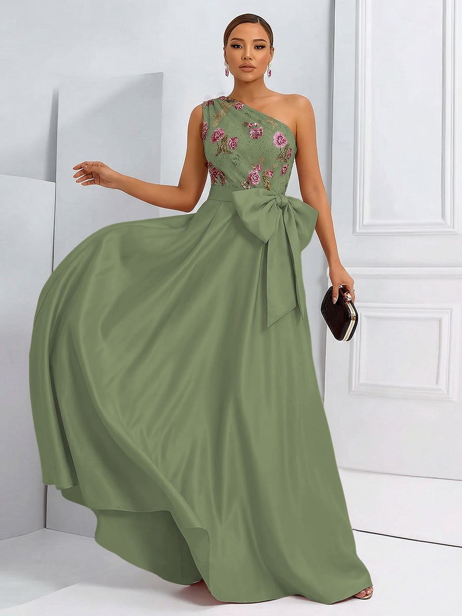 A-Line One Shoulder Floral Long Evening Dress Ball Gowns with Bow