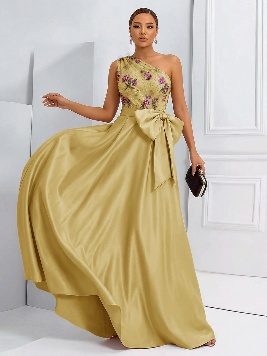 A-Line One Shoulder Floral Long Evening Dress Ball Gowns with Bow
