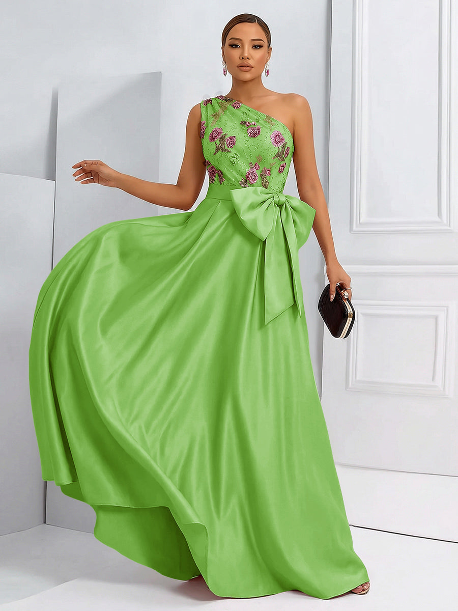A-Line One Shoulder Floral Long Evening Dress Ball Gowns with Bow