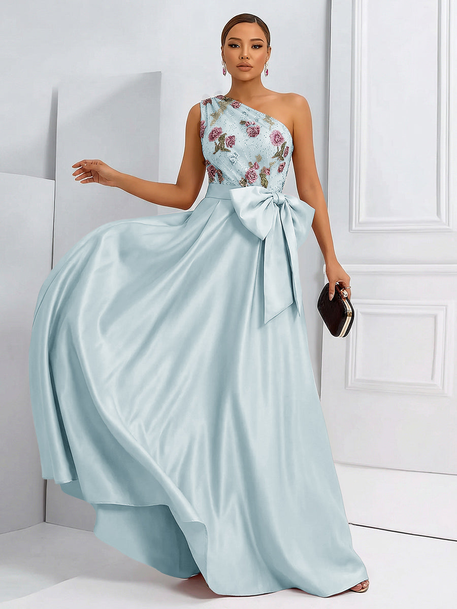 A-Line One Shoulder Floral Long Evening Dress Ball Gowns with Bow