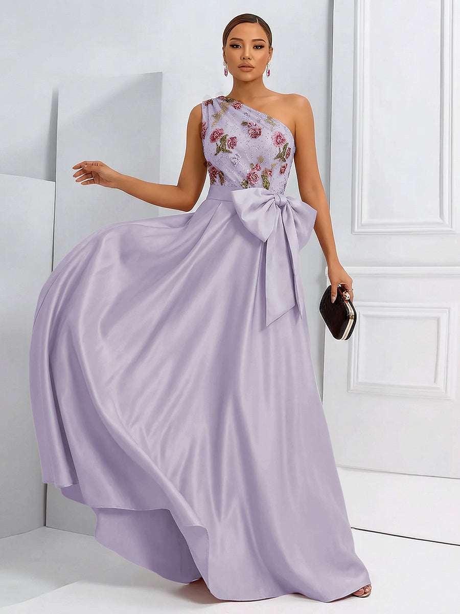A-Line One Shoulder Floral Long Evening Dress Ball Gowns with Bow