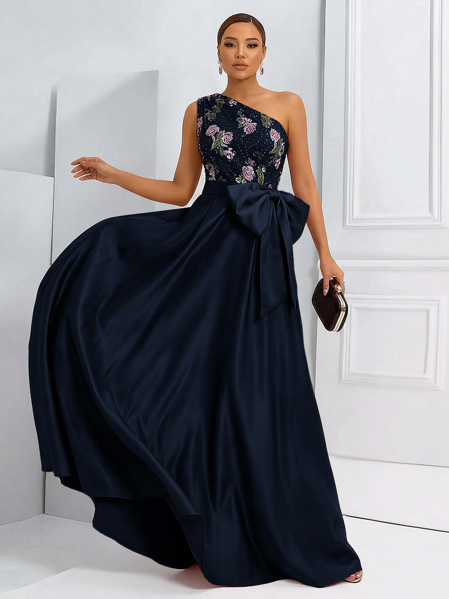 A-Line One Shoulder Floral Long Evening Dress Ball Gowns with Bow