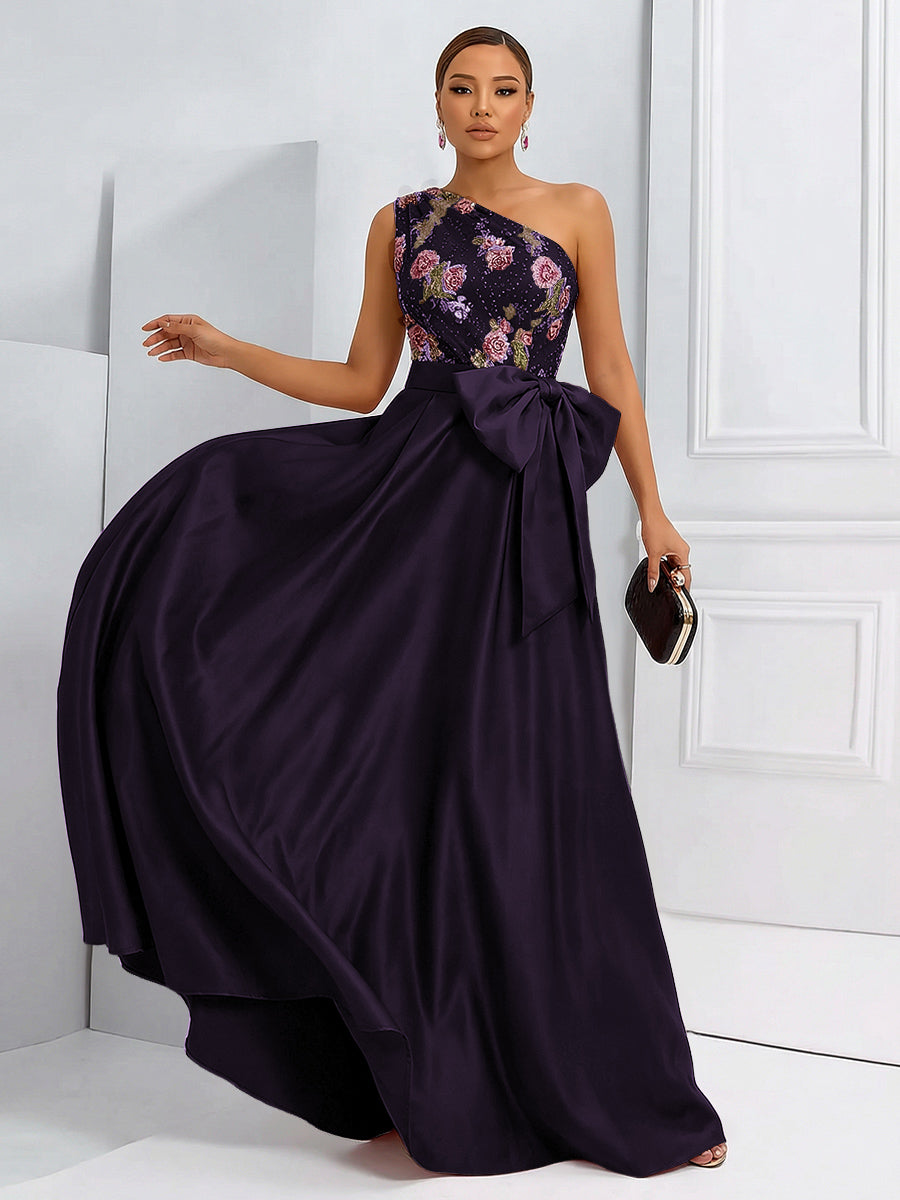 A-Line One Shoulder Floral Long Evening Dress Ball Gowns with Bow