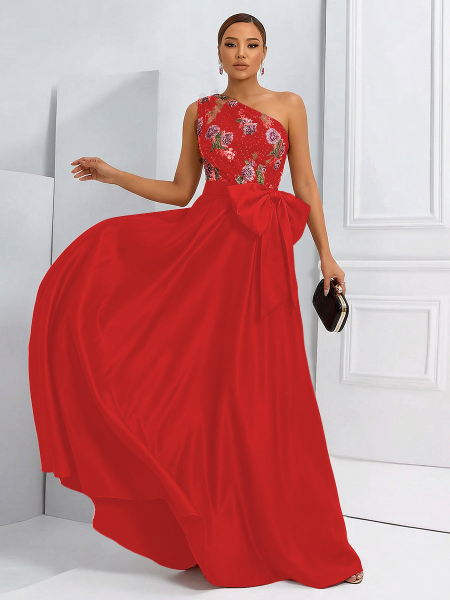 A-Line One Shoulder Floral Long Evening Dress Ball Gowns with Bow