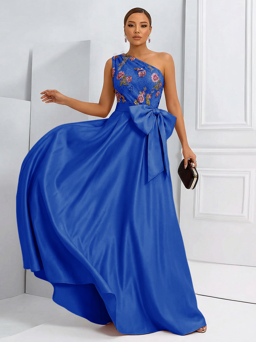 A-Line One Shoulder Floral Long Evening Dress Ball Gowns with Bow