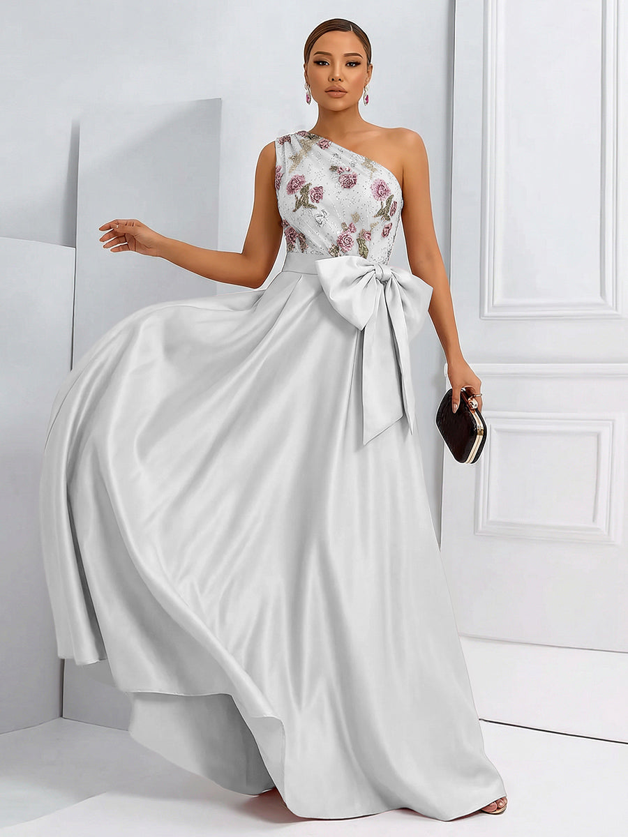A-Line One Shoulder Floral Long Evening Dress Ball Gowns with Bow