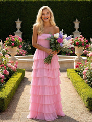 A-Line Strapless Tiered Chiffon Floor-Length Formal Dresses