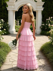 A-Line Strapless Tiered Chiffon Floor-Length Formal Dresses