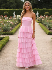 A-Line Strapless Tiered Chiffon Floor-Length Formal Dresses