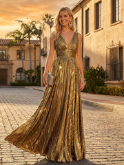 A-Line Pleated Satin V-Neck Empire Waist Floor-Length Formal Evening Dress