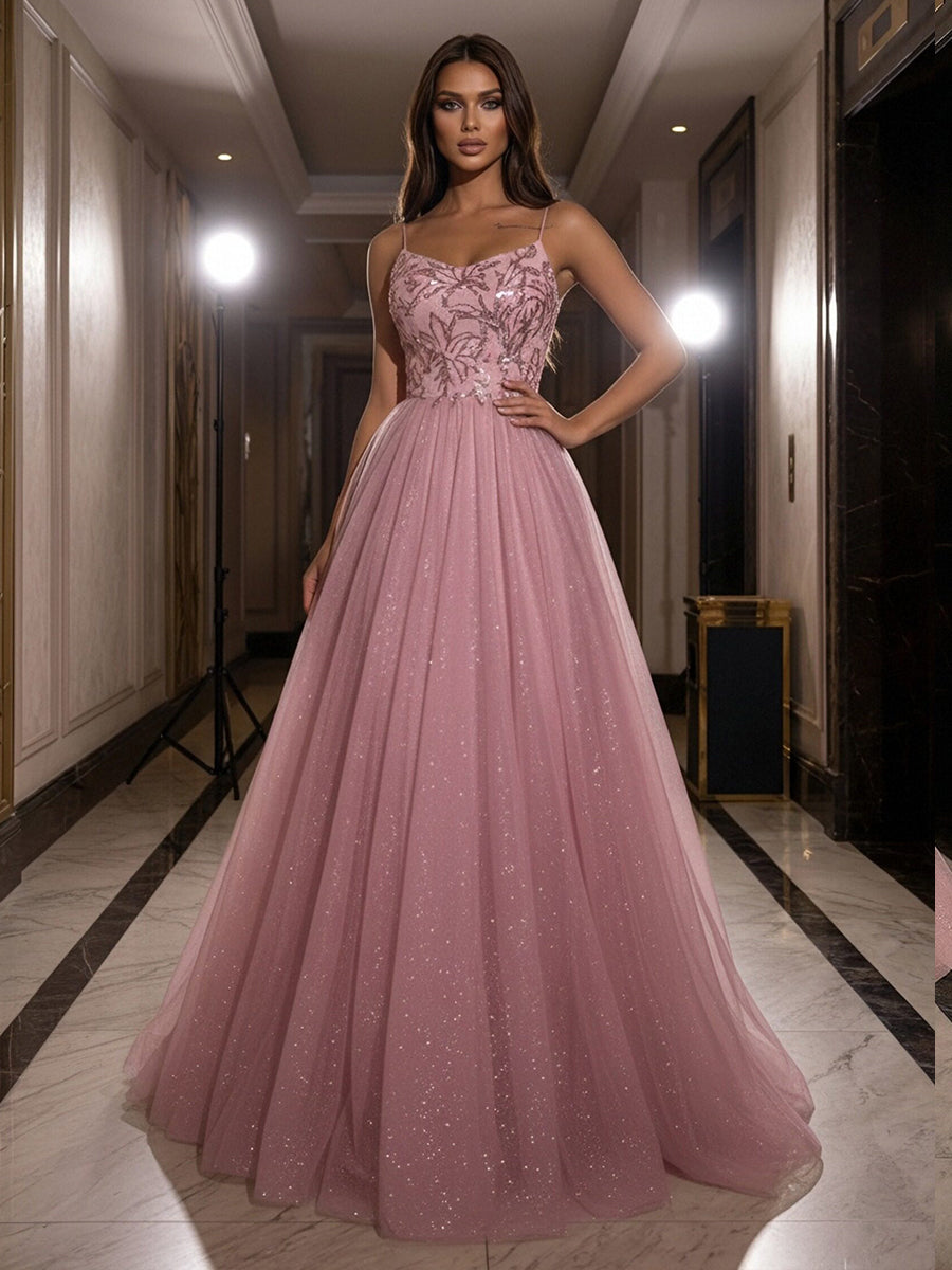 A-Line Sparkly Tulle Spaghetti Strap Corset Floor-Length Evening Dresses