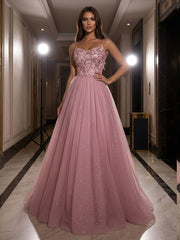A-Line Sparkly Tulle Spaghetti Strap Corset Floor-Length Evening Dresses