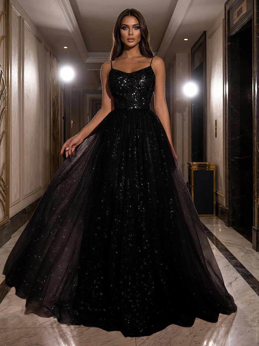 A-Line Sparkly Tulle Spaghetti Strap Corset Floor-Length Evening Dresses