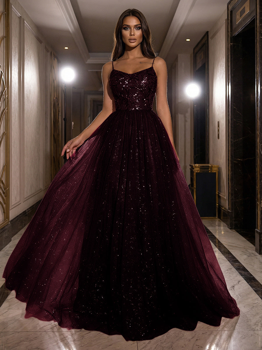 A-Line Sparkly Tulle Spaghetti Strap Corset Floor-Length Evening Dresses
