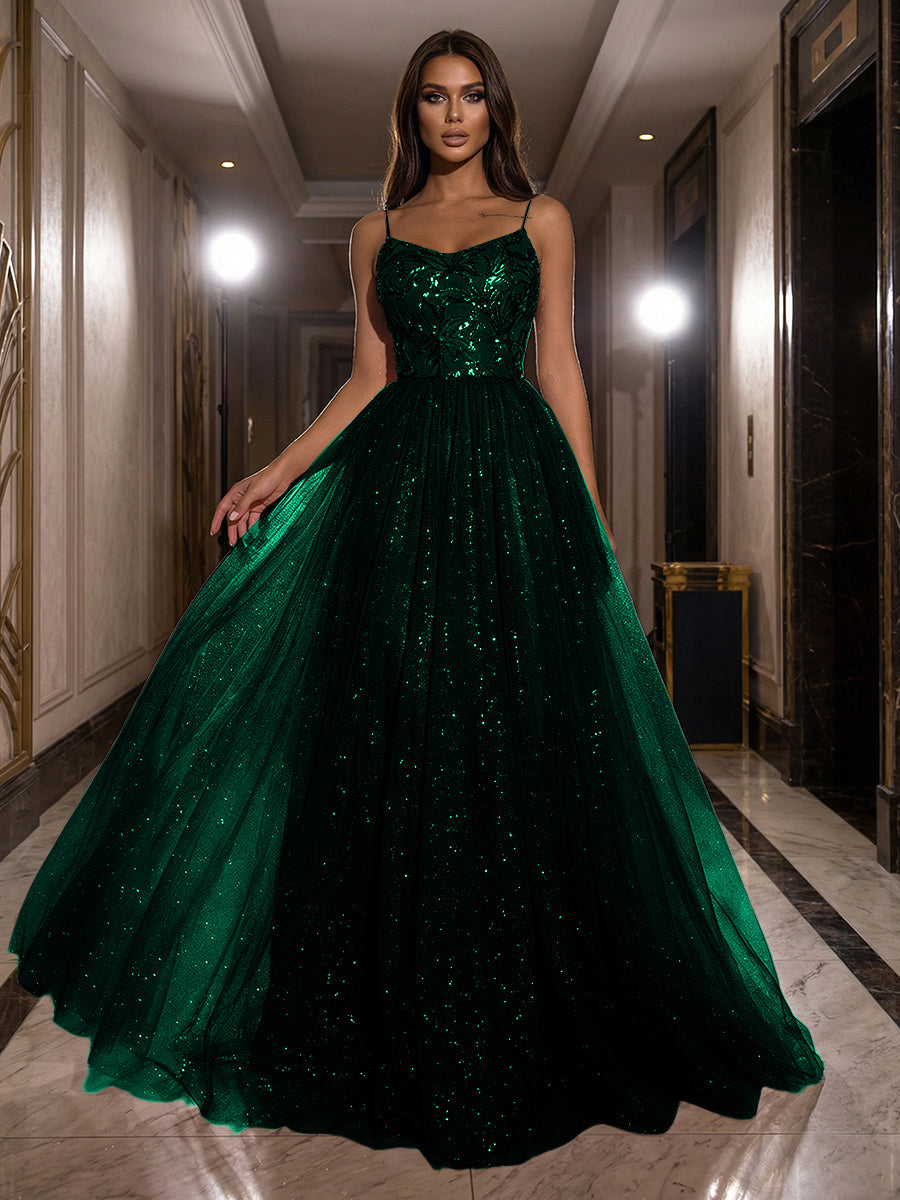 A-Line Sparkly Tulle Spaghetti Strap Corset Floor-Length Evening Dresses