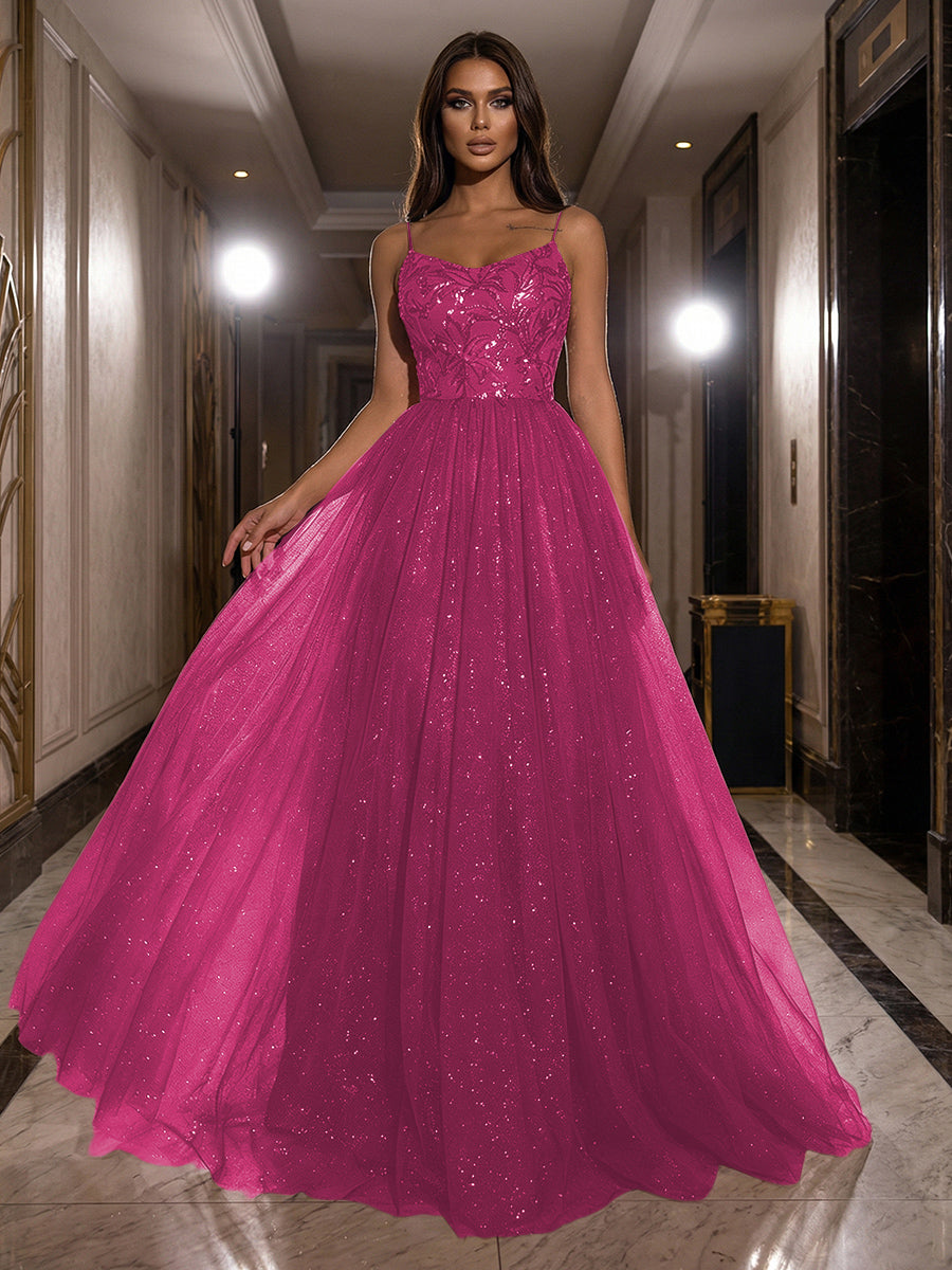 A-Line Sparkly Tulle Spaghetti Strap Corset Floor-Length Evening Dresses