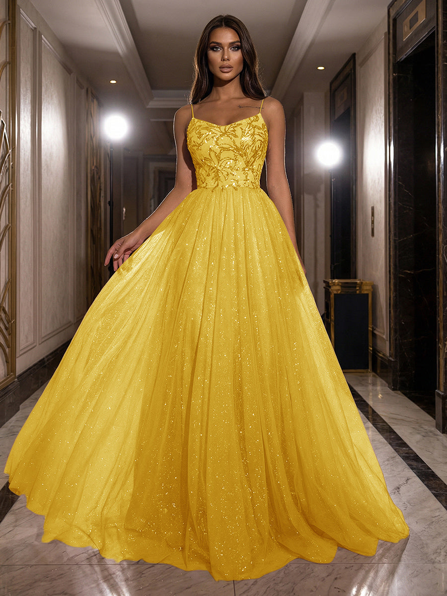 A-Line Sparkly Tulle Spaghetti Strap Corset Floor-Length Evening Dresses