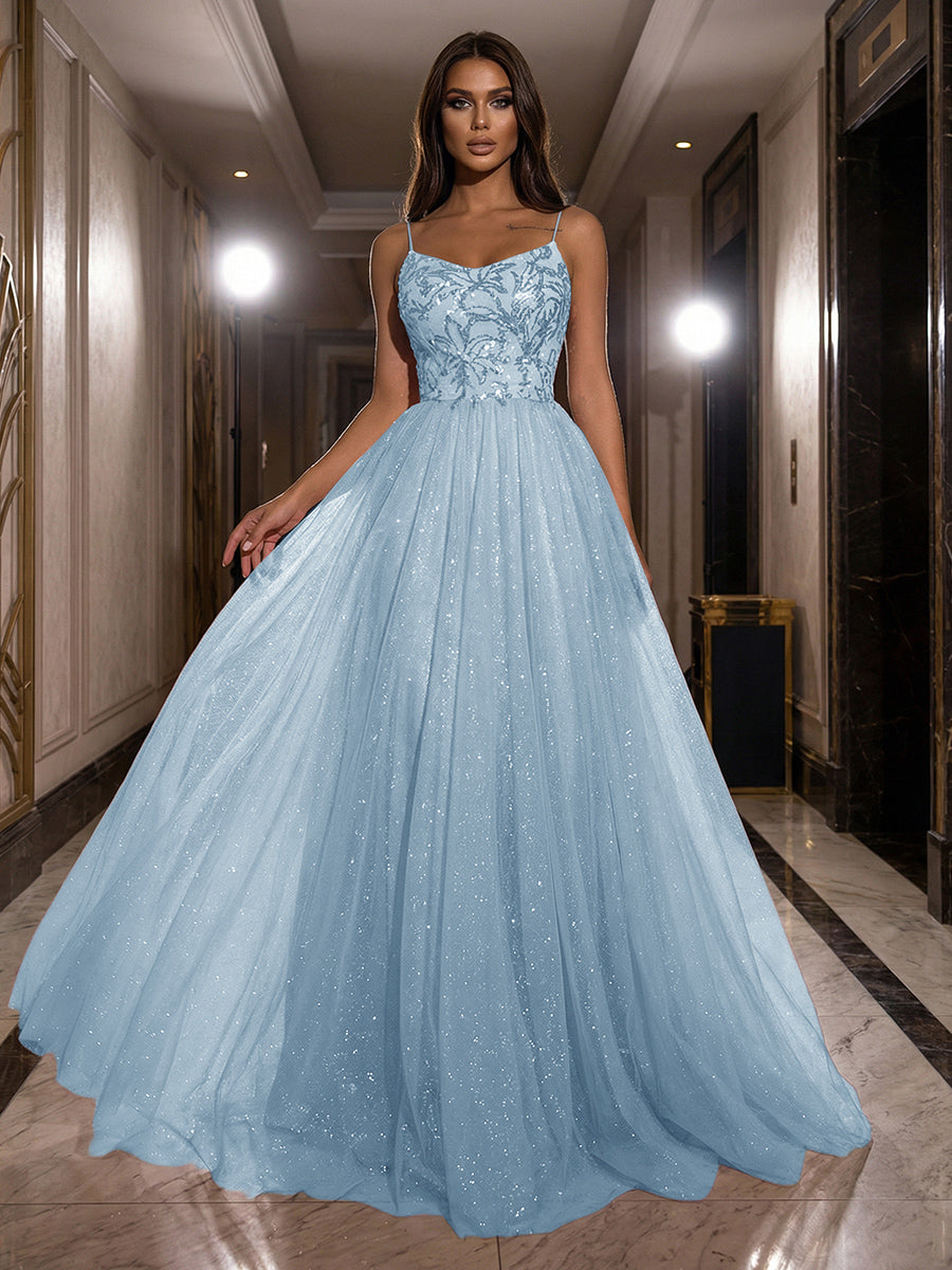 A-Line Sparkly Tulle Spaghetti Strap Corset Floor-Length Evening Dresses