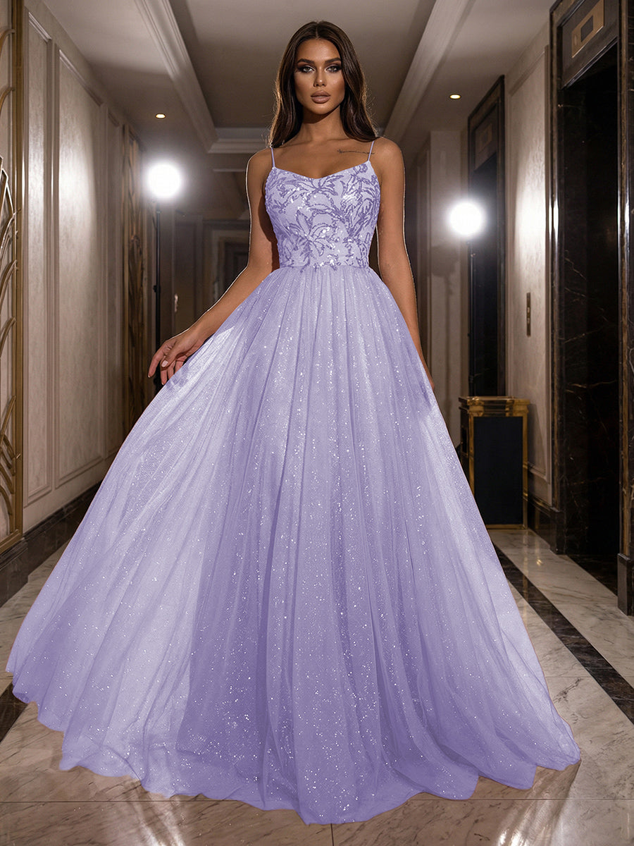 A-Line Sparkly Tulle Spaghetti Strap Corset Floor-Length Evening Dresses