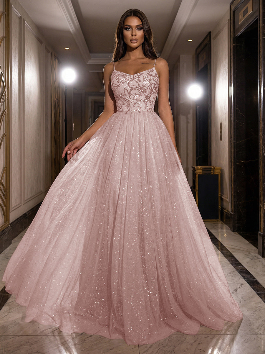 A-Line Sparkly Tulle Spaghetti Strap Corset Floor-Length Evening Dresses