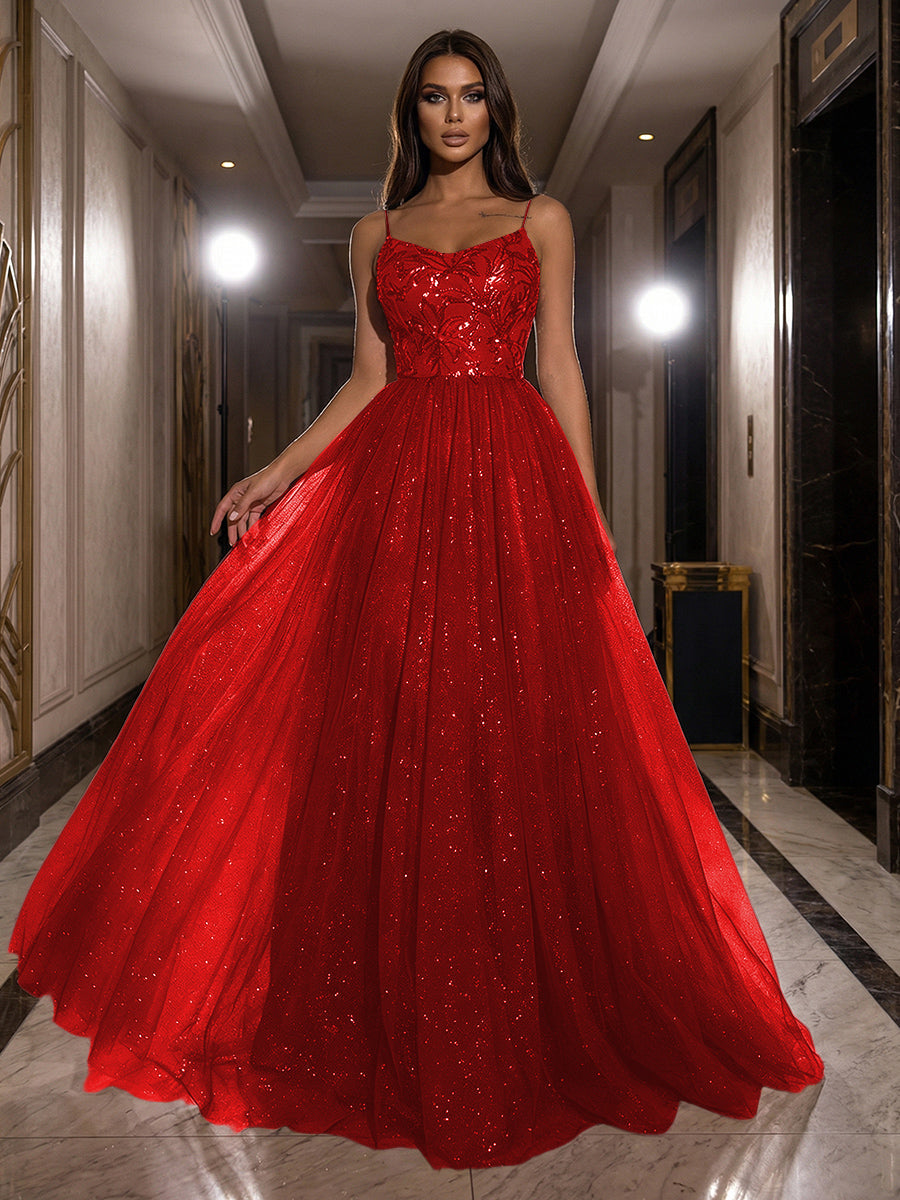 A-Line Sparkly Tulle Spaghetti Strap Corset Floor-Length Evening Dresses