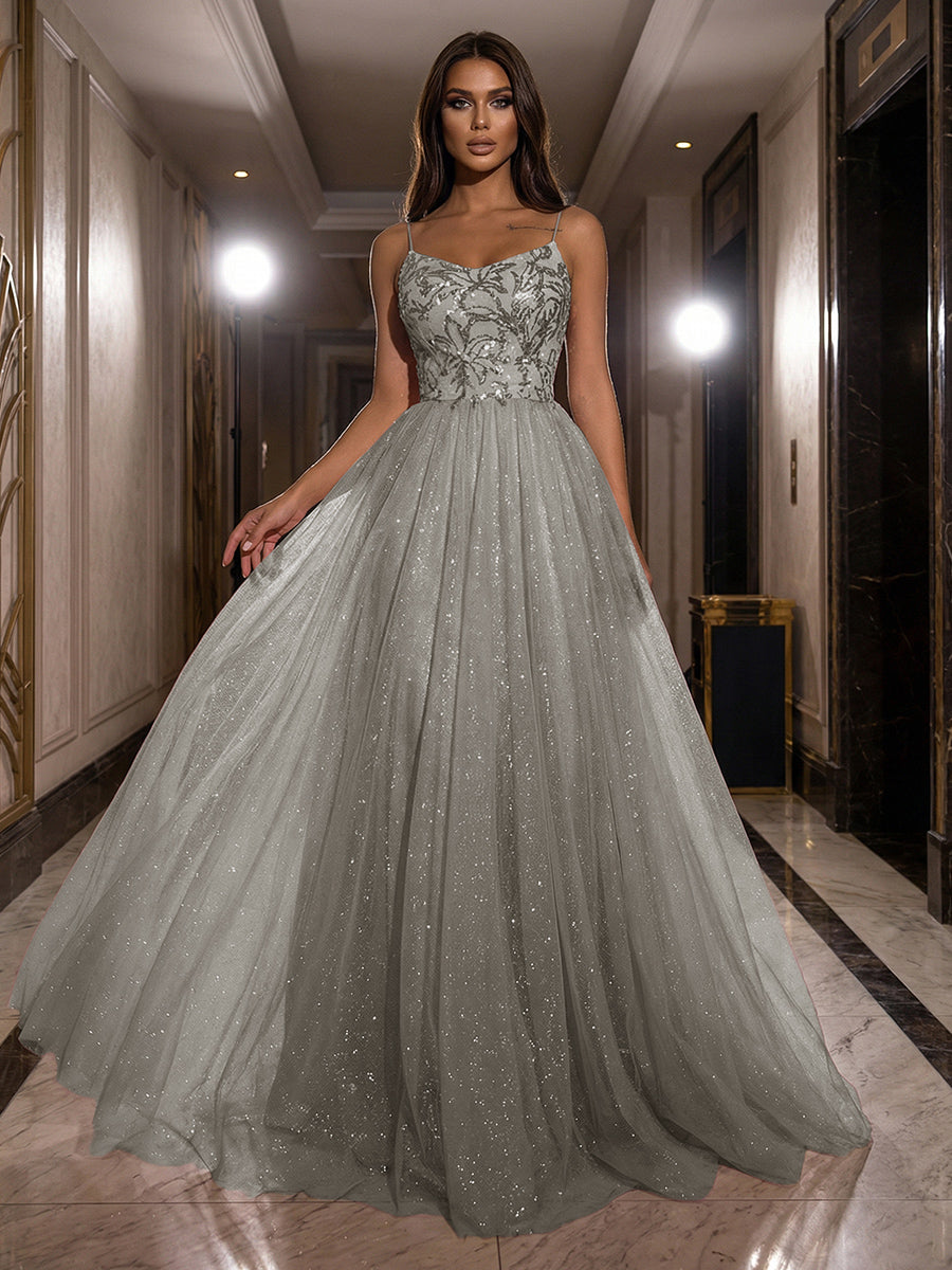 A-Line Sparkly Tulle Spaghetti Strap Corset Floor-Length Evening Dresses