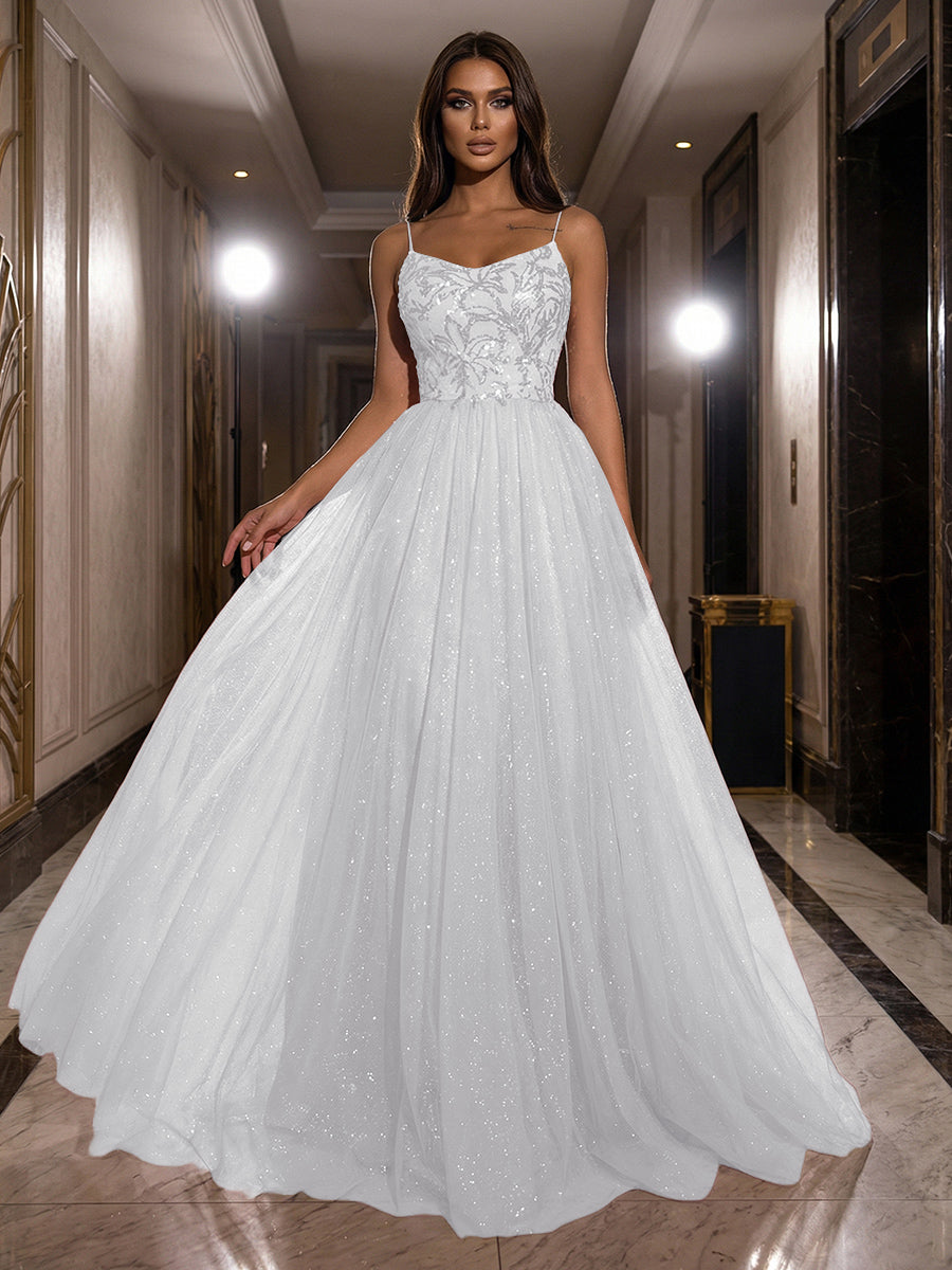 A-Line Sparkly Tulle Spaghetti Strap Corset Floor-Length Evening Dresses