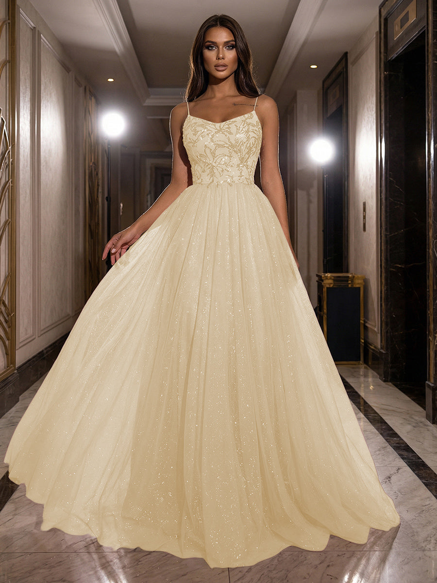 A-Line Sparkly Tulle Spaghetti Strap Corset Floor-Length Evening Dresses