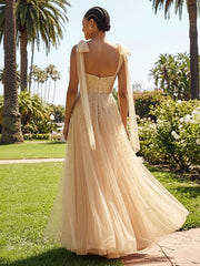 A-Line Sparkly Tulle Corset Floor-Length Prom Dresses with Bow Strap