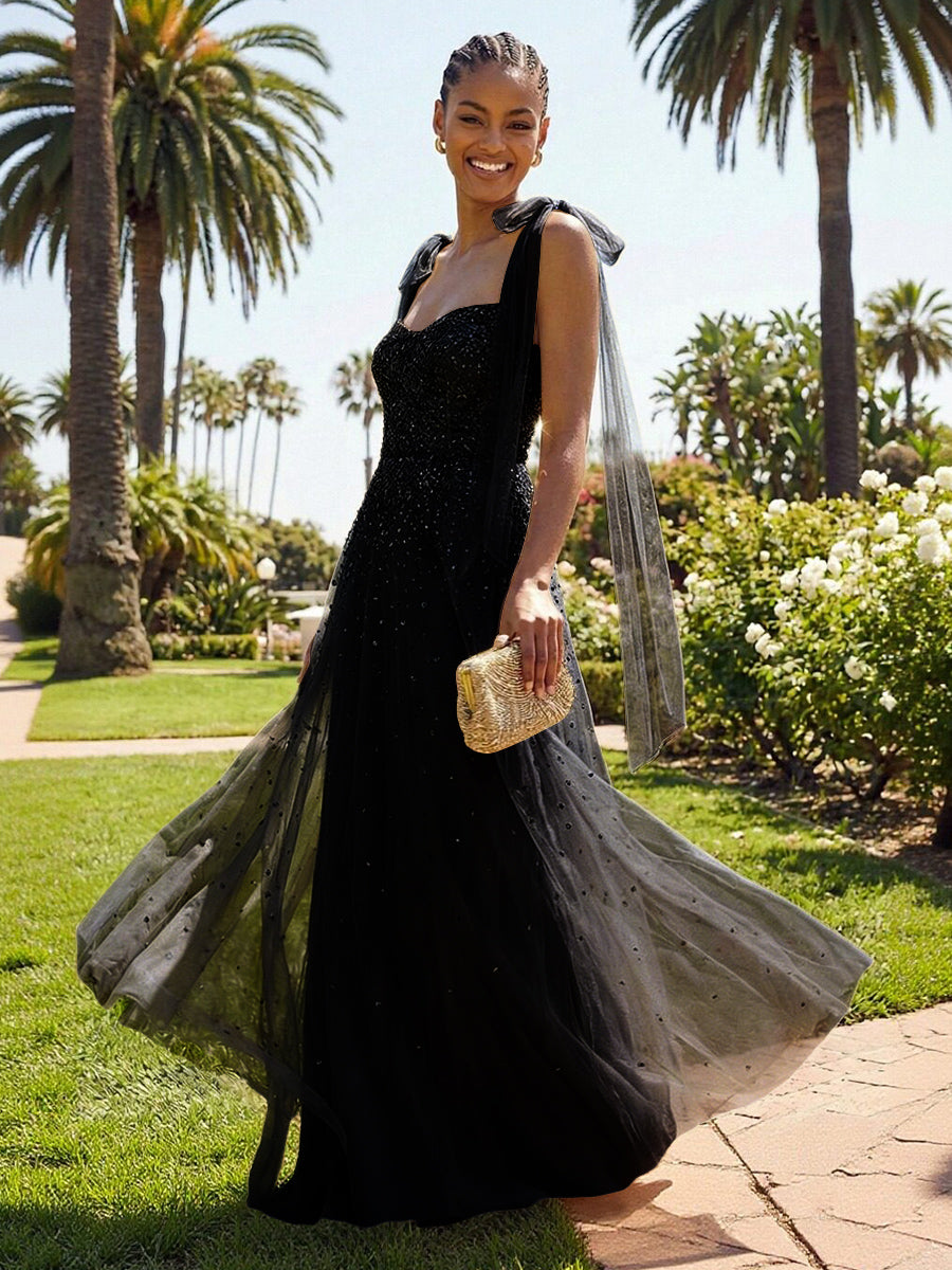 A-Line Sparkly Tulle Corset Floor-Length Prom Dresses with Bow Strap