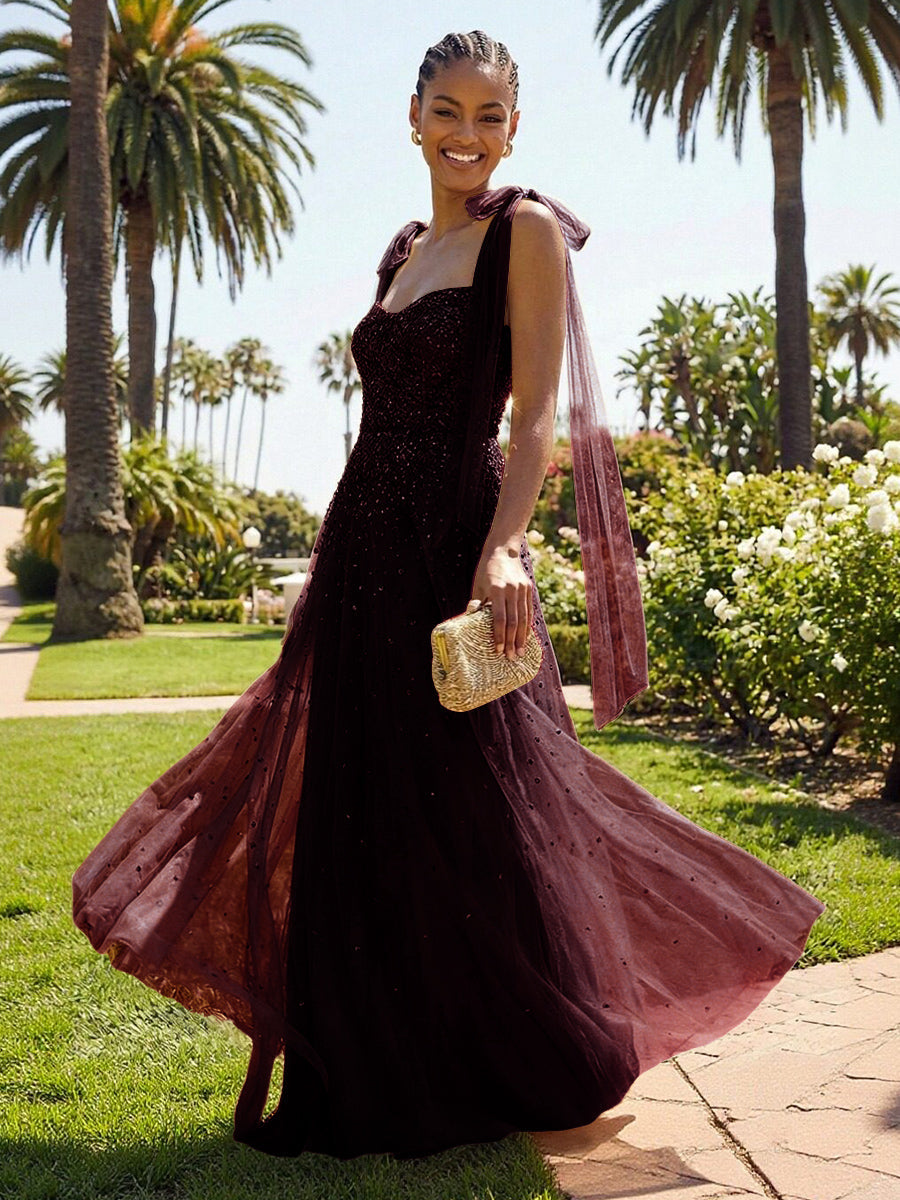 A-Line Sparkly Tulle Corset Floor-Length Prom Dresses with Bow Strap